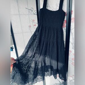 Wilfred Floral Eyelet Embroidery Flare Tiered Maxi Black Tank Dress